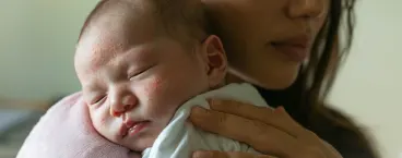 mãe com bebé ao colo com placas amareladas no rosto