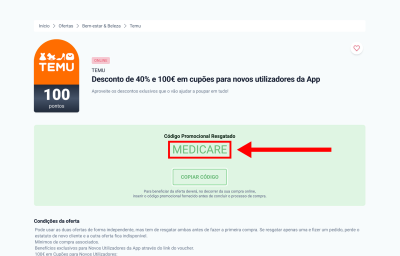Temu, passo 2: Copie o código