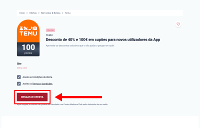 Temu, passo 1: Resgatar oferta