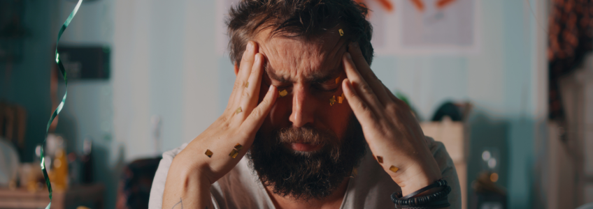 HOMEM DE RESSACA DEPOIS DE UMA FESTA
