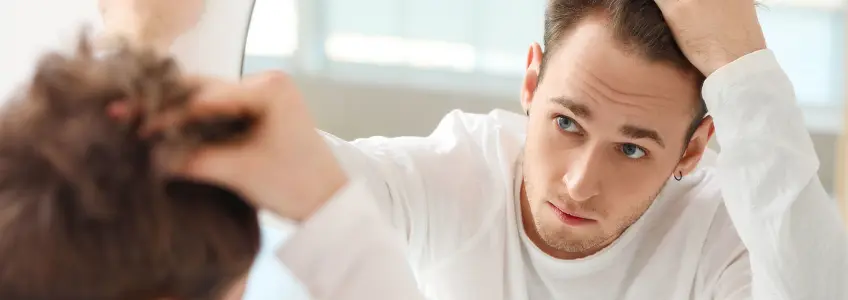 homem a ver o cabelo ao espelho