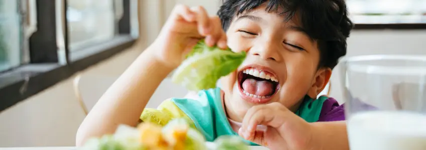 menino feliz a comer alface