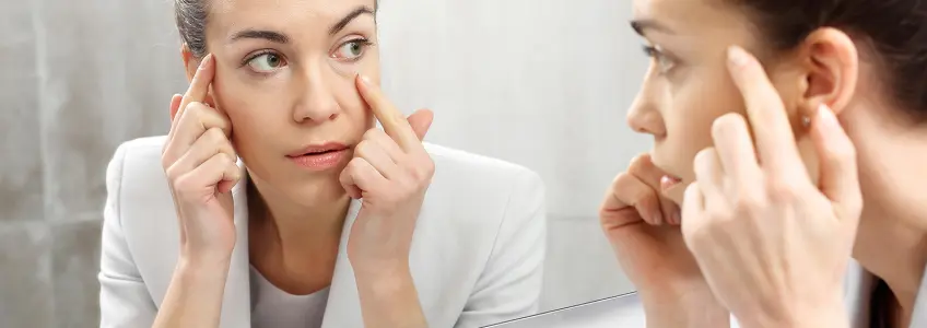 mulher a verificar as suas olheiras ao espelho
